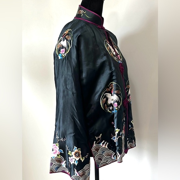 Vintage 1960s Chinese 100% Silk Black Embroidered Jacket Mandarin Collar Medium - Picture 3 of 16